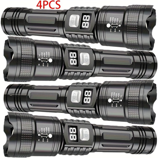 4 linternas LED recargables de alta potencia con foco con zoom y cable USB. Superbrillantes, de largo alcance, luz de trabajo táctica para camping, senderismo, emergencias y viajes. Equipo de senderismo. Linterna robusta. Li