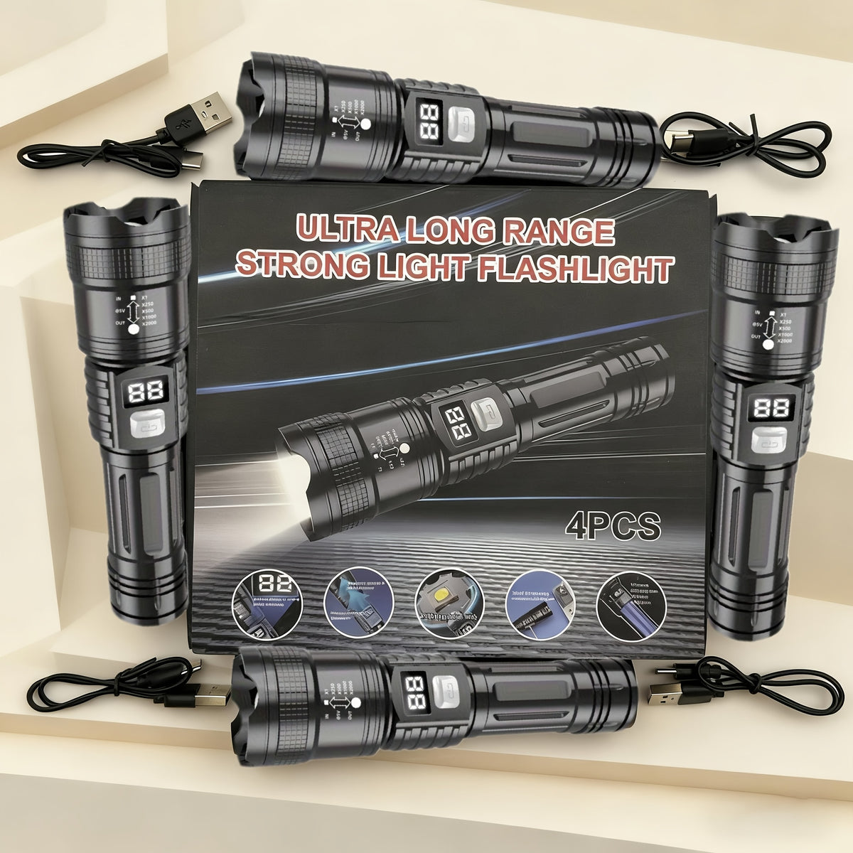 4 linternas LED recargables de alta potencia con foco con zoom y cable USB. Superbrillantes, de largo alcance, luz de trabajo táctica para camping, senderismo, emergencias y viajes. Equipo de senderismo. Linterna robusta. Li