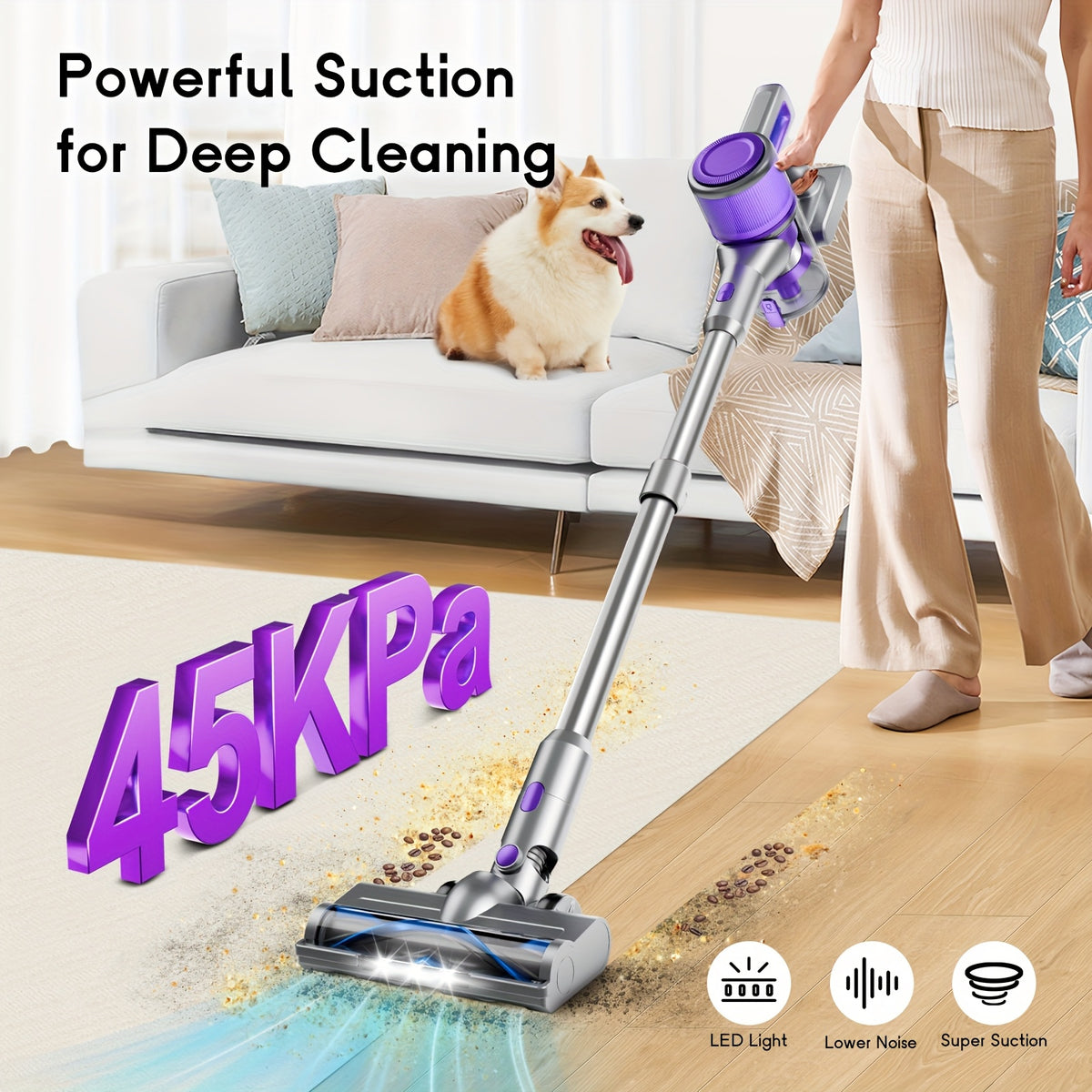 Aspiradora ligera de 35-45 kPa con LED verde mejorado, cepillo antienredos, batería extraíble, múltiples niveles de succión, hasta 45 minutos de autonomía, accesorio para coche de mujer, aspiradora para alfombras, pelo d
