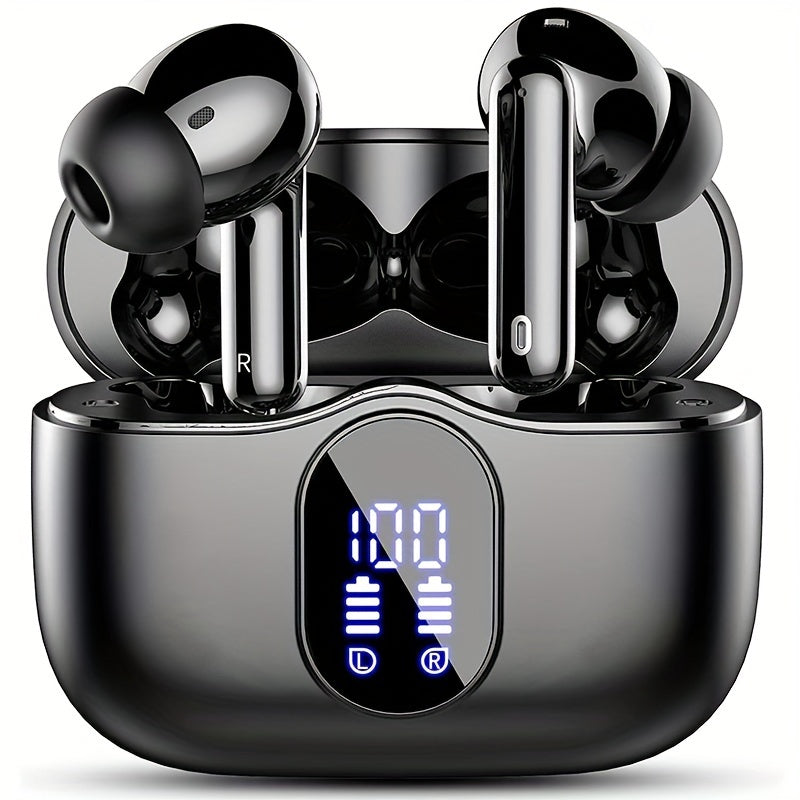 Auriculares inalámbricos 5.3 con sonido estéreo de graves, micrófono con cancelación de ruido y pantalla LED, intraaurales, 40 horas de reproducción, aptos para portátiles, tabletas, teléfonos móviles y para practicar