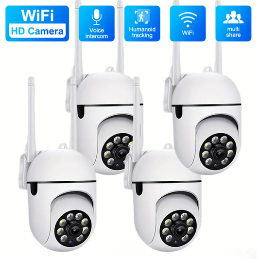 Cámaras de seguridad wifi de 4 piezas, 1080P, inalámbricas, para exteriores, con vista panorámica de 360°, detección de movimiento PIR inteligente, seguimiento de movimiento con IA, visión nocturna a color, audio bidire
