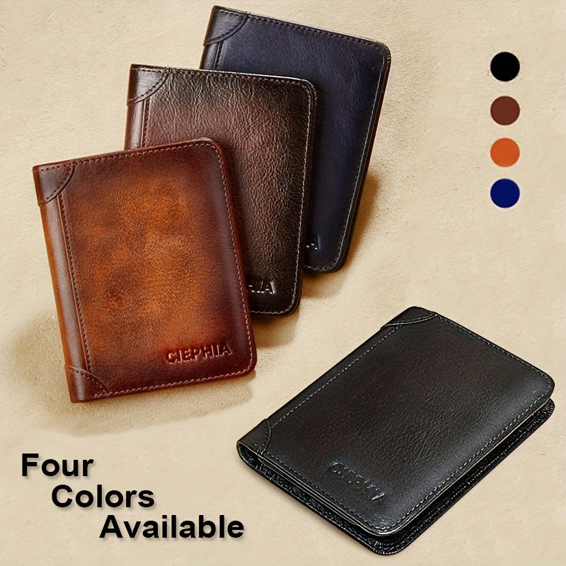 [Cartera de cuero RFID] Regalos para el Día del Padre para hombres, billeteras triples de cuero genuino con bloqueo RFID para hombre, tarjetero multifunción vintage de piel de vacuno de primera capa, pinzas para billetes co