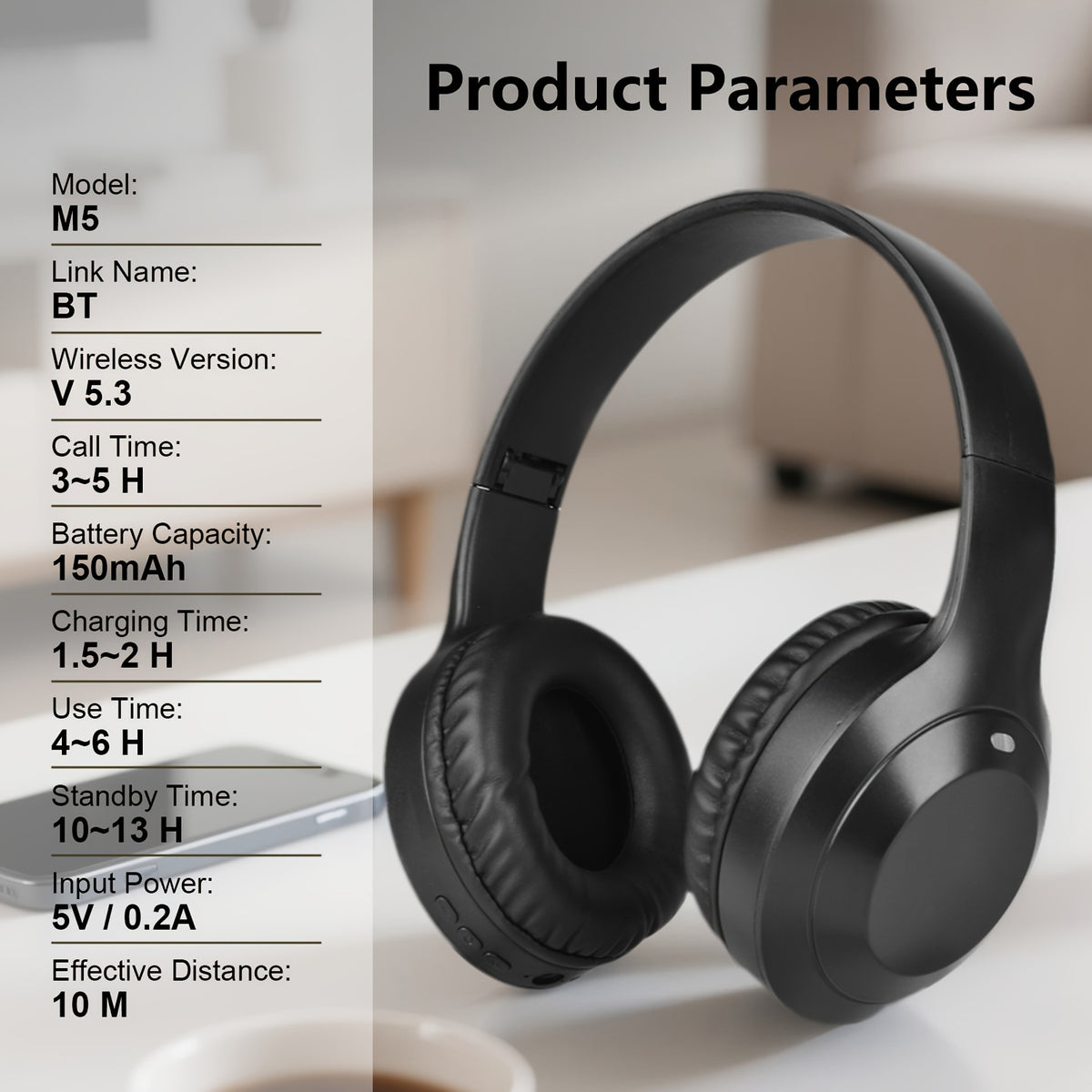 Auriculares inalámbricos con cancelación de ruido y micrófono, plegables y ligeros, con graves profundos y alta fidelidad, ideales para viajes y trabajo.