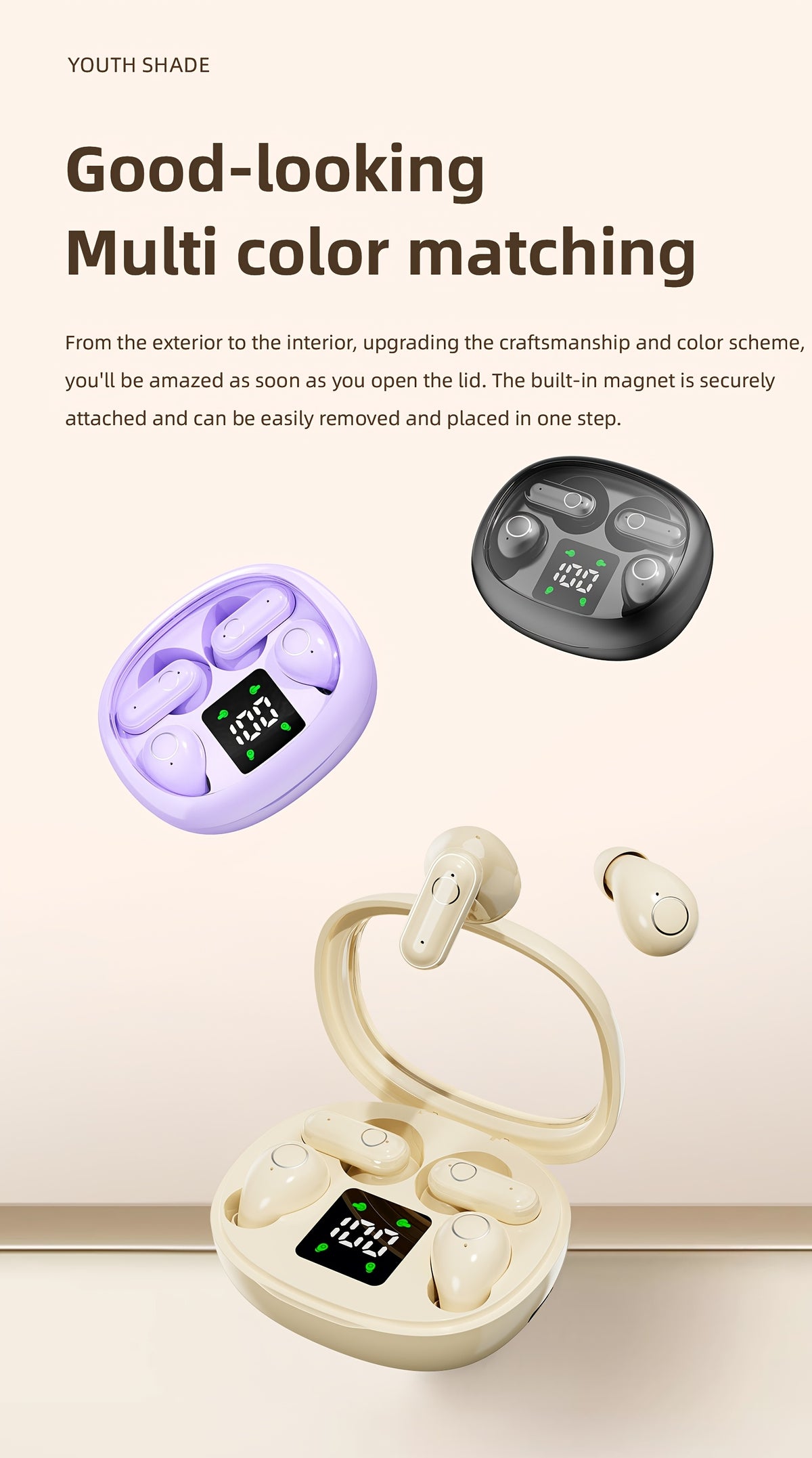 Auriculares inalámbricos deportivos ultracompactos con mango corto, estéreo de graves Hi-Fi, calidad de sonido dual 5.4, reducción de ruido cómoda, pantalla digital de alta definición con micrófono, tiempo de espera ult