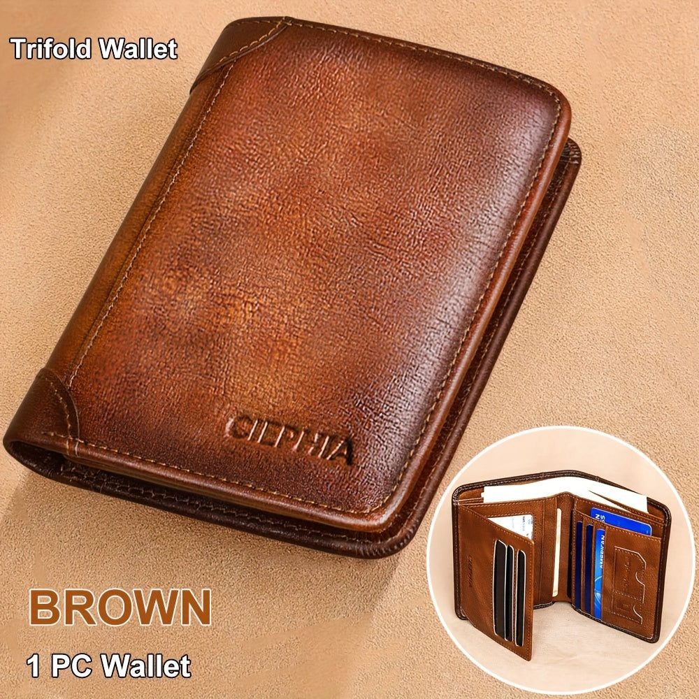 [Cartera de cuero RFID] Regalos para el Día del Padre para hombres, billeteras triples de cuero genuino con bloqueo RFID para hombre, tarjetero multifunción vintage de piel de vacuno de primera capa, pinzas para billetes co